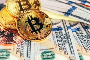 Golden bitcoin coins on a paper dollars money