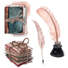 Watercolor pile of old envelopes, books with ribbon bow and feather pen