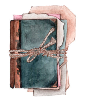 Watercolor old book with rope bow.