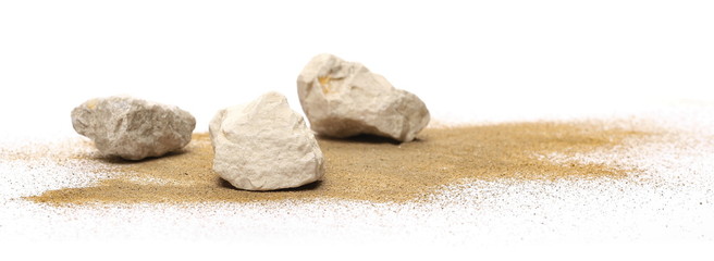 Rocks in sand pile isolated on white background and texture