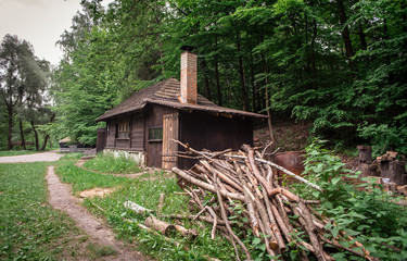 Old traditional wooden tavern in the Ukrainian forest