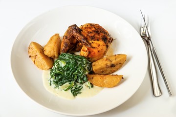 Chicken wing,potato and creamy spinach on plate.