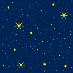 Vector illustration of the cosmic sky with many bright stars. Vector illustration seamless pattern. The firmament of the spacious universe. Flat design