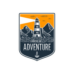 Lighthouse badge Adventure on orange Vector illustration.