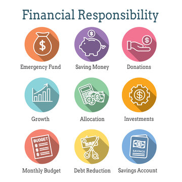 Personal Finance & Responsibility Icon Set with Money, Saving, & Banking options