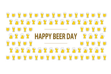 Happy beer day flat lettering on background with colorful beer mugs. National celebration. Creative card tamplate