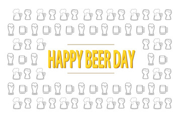 Happy beer day 3D lettering on background with black and wfite outline beer mugs. National celebration. Creative card tamplate