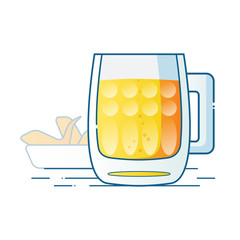Colorful hand drawn beer mug with foam on table isolated on white. Chicken wings plate in background. Yellow, orange, blue. Beer day, party concept