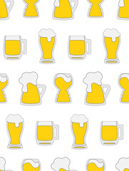 Seamless pattern with Colorful hand drawn beer mugs on white background. Yellow and grey. Beer day, party concept