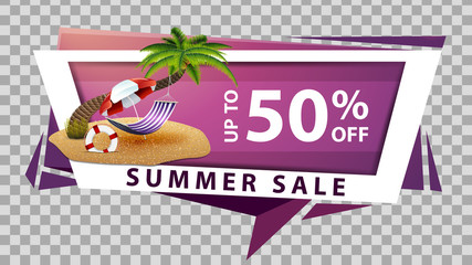 Obraz premium Summer sale, discount web banner in geometric style with palm tree, hammock and beach umbrella
