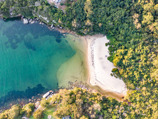 Vertical aerial drone view of Collins Flat Beach, part of Sydney Harbour National Park. Located near the oceanside suburb of Manly, Collins Beach is a popular spot for swimming and relaxing.