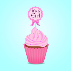 Cupcake, baby shower invitation card for girl. Pink bow. Card vector illustration eps 10