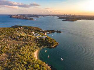 Aerial drone evening view of the Quarantine Station, part of Sydney Harbour National Park. Store...