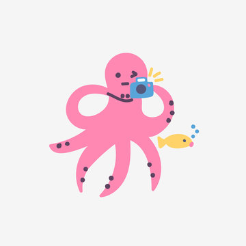 Funny cute character pink octopus takes pictures of fish under water