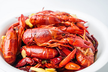 Fresh red delicious braised crayfish close-up