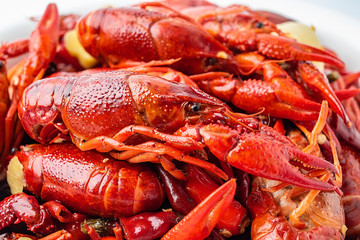 Fresh red delicious braised crayfish close-up