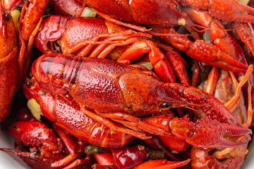 Fresh red delicious braised crayfish close-up