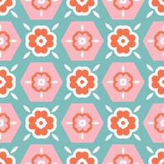 Cute abstract flowers seamless pattern in pink, orange and white on a turquoise green background. Sweet and girly, perfect for spring and summer designs for textiles, fashion, room decor and paper.