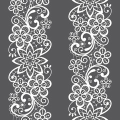 Lace seamless vector pattern, repetitive ornamental textile or embroidery design in white on gray background