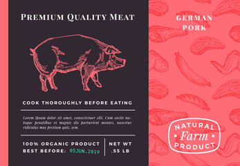 Premium Quality Meat Abstract Vector Pork Packaging Design or Label. Modern Typography and Hand Drawn Pig Sketch Background Layout. Seamless Food Pattern of Steak, Sausage and Wings