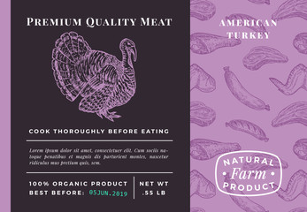 Premium Quality Meat Abstract Vector Poultry Packaging Design or Label. Modern Typography and Hand Drawn Turkey Sketch Background Layout. Seamless Food Pattern of Steak, Sausage and Wings