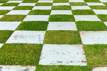 A checker matrix of grass and rustic clay tile in an outdoor park. Japanese garden. Buenos Aires