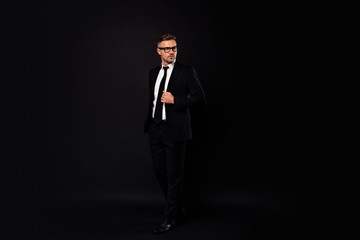 Full length body size view portrait of his he nice-looking chic attractive content director eyeglasses eyewear shark ceo boss chief professional banker isolated over black background