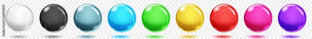 Wall mural set of translucent colored spheres with shadows on transparent background. transparency only in vect