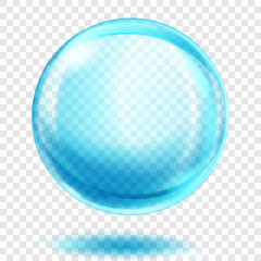 Fototapeta na wymiar Big translucent light blue sphere with glares and shadow on transparent background. Transparency only in vector format