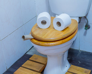 A face formed by two rolls of paper placed on top of a closed toilet lid image with copy space in...