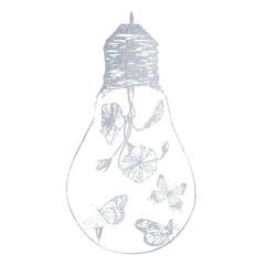 Bulb with flowers and butterflies hand-drawn silver. Illustration on white background.