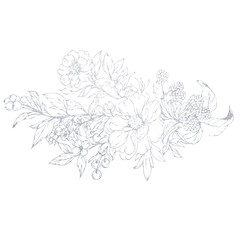 A hand-drawn silver flower bouquet. Illustration of a flower on a white background.
