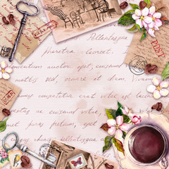 Vintage card with old paper, letters with coffee or tea cup, flowers, hand written text, keys. Retro design in french style