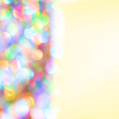 Colorful blurred bokeh background of holiday lights. Festive greeting card. New year and Christmas texture