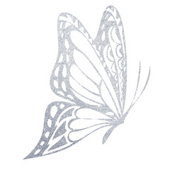 A hand-drawn silver butterfly. Illustration on white background.