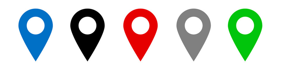 Set of Location pins. Blue, black, red, gray and green location pins isolated on white background.