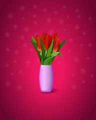 Red tulips on purple background.  Bouquet of red tulips in a vase. vector illustration eps 10
