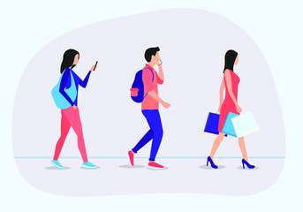 Concept set young man and woman with smartphones and shopping package walks down the street. Trendy casual vector illustration. 