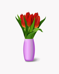  Bouquet of red flowers in vase. Realistic tulips. vector illustration 