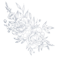 Peony hand-drawn silver. Illustration of a flower on a white background.