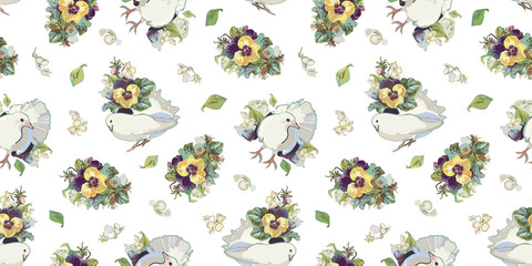 White pattern with flower bouquet and bird.