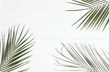 Fototapeta premium palm leaves on a wooden background with free space for text. a draft for a design. minimalism, creativity. flatlay