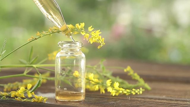 Essence of lavender flowers on table in beautiful glass Bottle