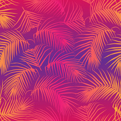 Fototapeta na wymiar Palm leaves seamless vector pattern. Neon gradient background. Futuristic digital vector wallpaper. Vaporwave, retrowave, cyberpunk aesthetics.