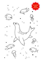 Naklejka premium Cute sea lion cartoon character, vector illustration. Coloring book for children.