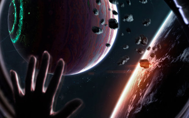 Science fiction visualisation of deep space planets and galaxies. Elements of this image furnished by NASA