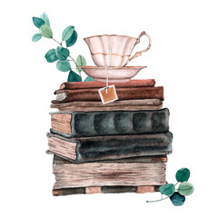 Watecrolor illustration of old books composition with leaves and flowers.