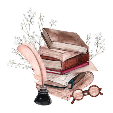 Watercolor Books Set Open Books Stack Books Education Knowledge Concept  Stock Illustration by ©kateja #365795924