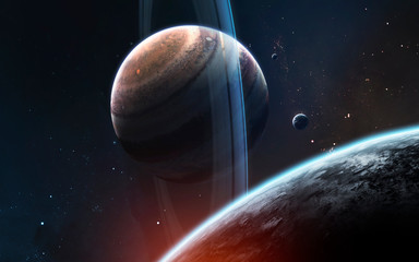 Ringed gas giant planet somewhere in deep space. Awesome science fiction render. Elements of this image furnished by NASA © Vadimsadovski