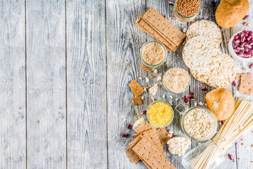 Healthy eating, dieting, balanced food concept. Assortment of gluten free food - beans, flour,...